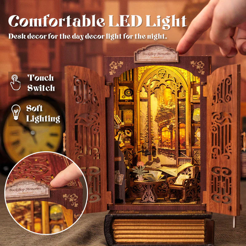Glowing LED book nook with owl details and magical design