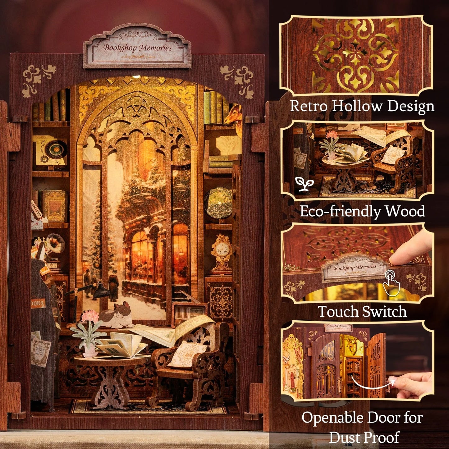 Puzzle-style book nook project with owl and bookshop theme
