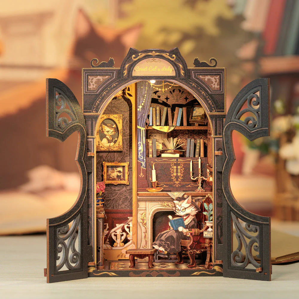 Cat book nook puzzle kit with tiny study and furniture