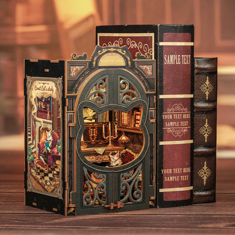 Miniature wooden cat-themed bookshelf insert with lights