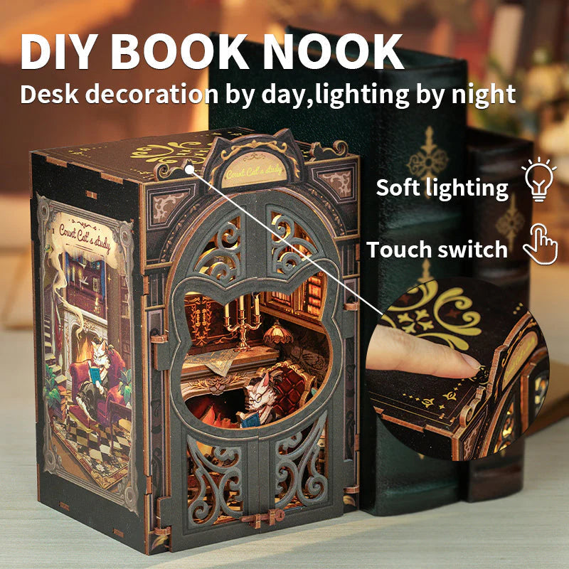 DIY book nook with cosy cat decor and warm lighting
