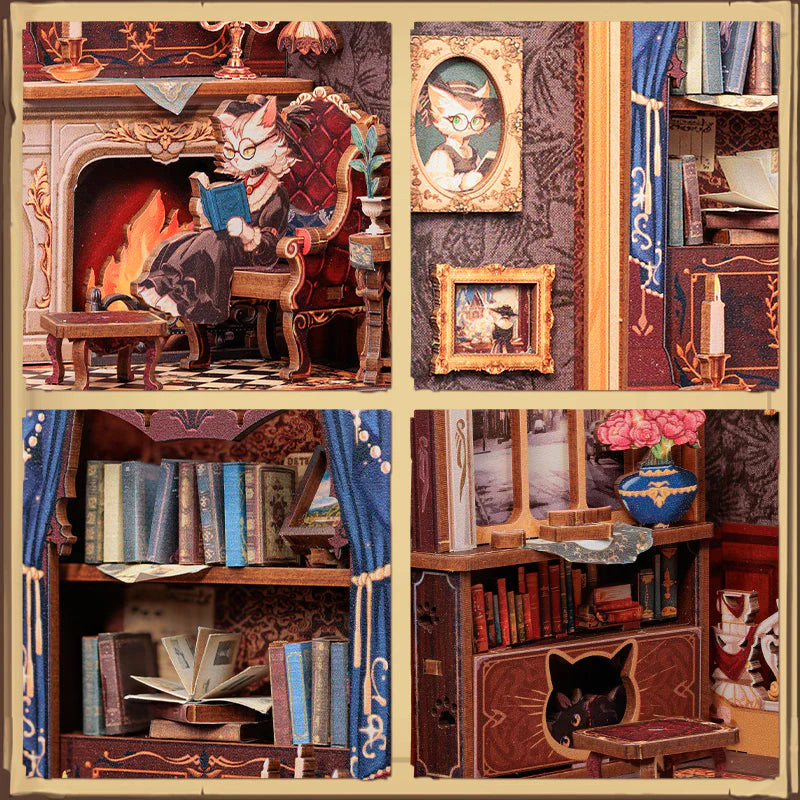 Craft book nook kit with wooden furniture and cat figures