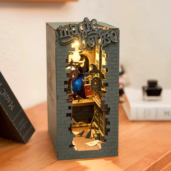 Handcrafted wooden bookshelf insert with lights