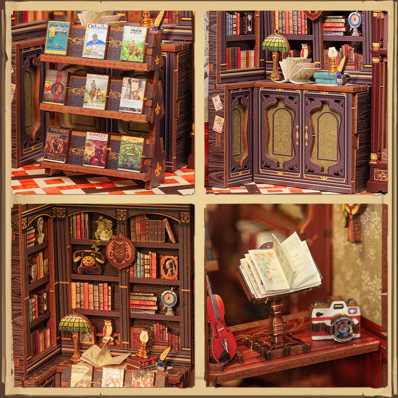 DIY miniature bookshop model with detailed wooden pieces