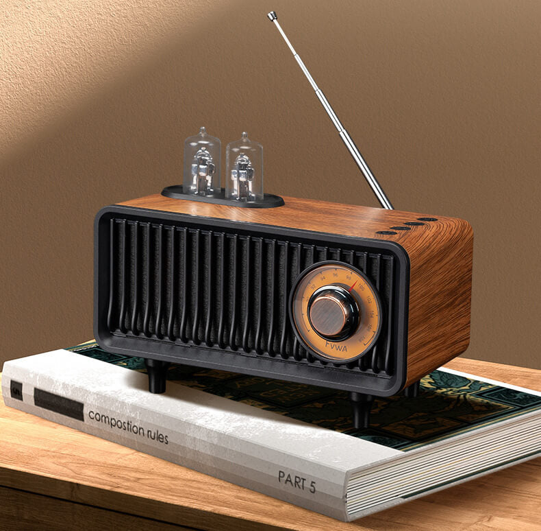 Retro-inspired audio speaker with polished metal finish