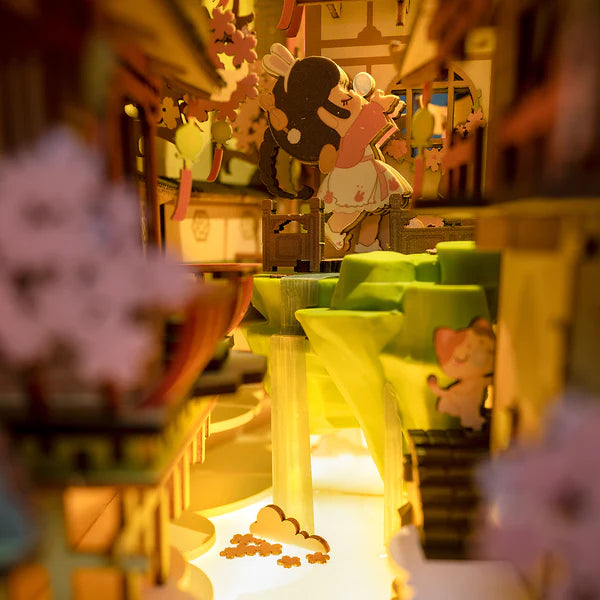 Wooden book nook puzzle with Japanese springtime theme