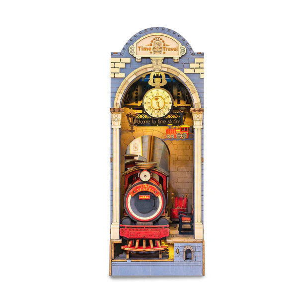 Laser-cut wooden pieces for building time tram book nook