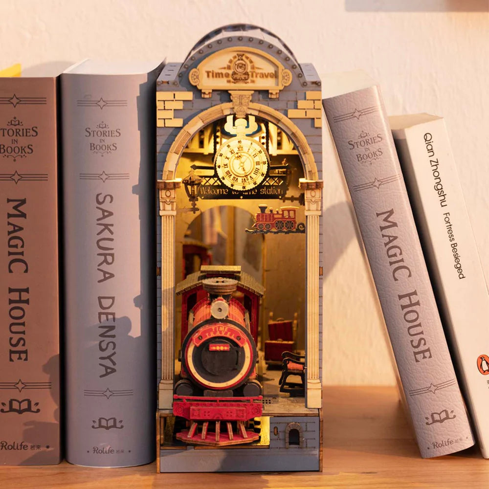 Miniature time travel train scene with LED lighting