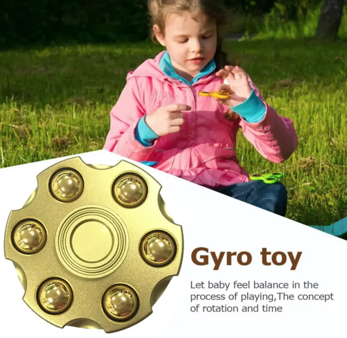 Close-up of brass fidget spinner with realistic bullet design