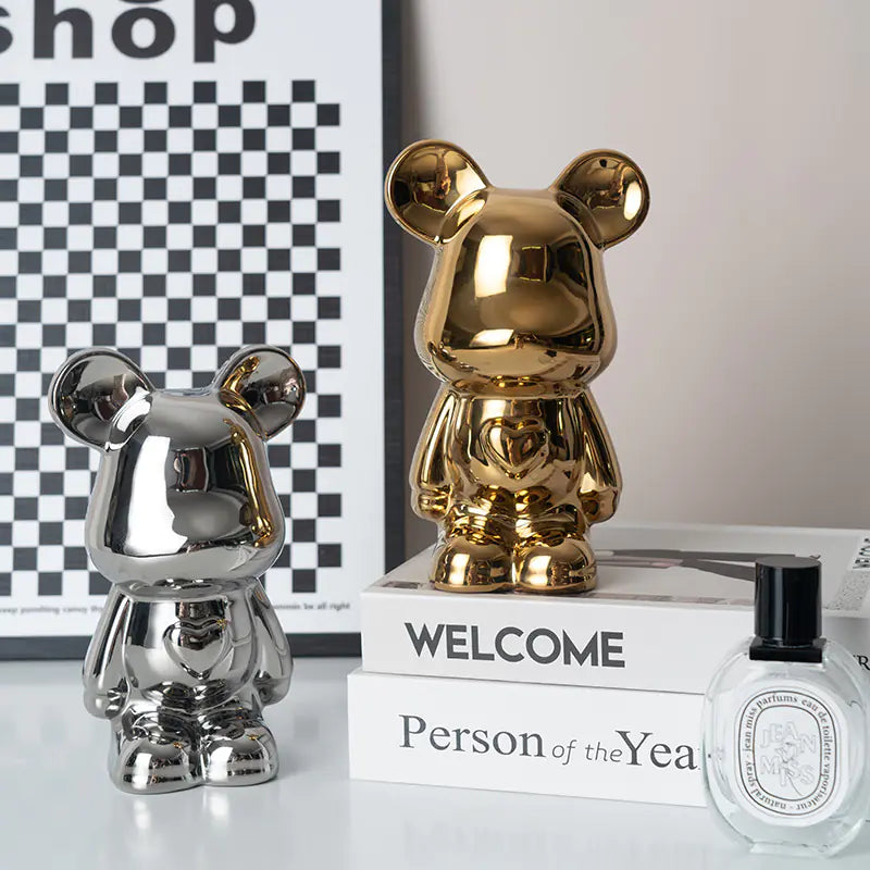 Metallic bear ornaments in gold, silver