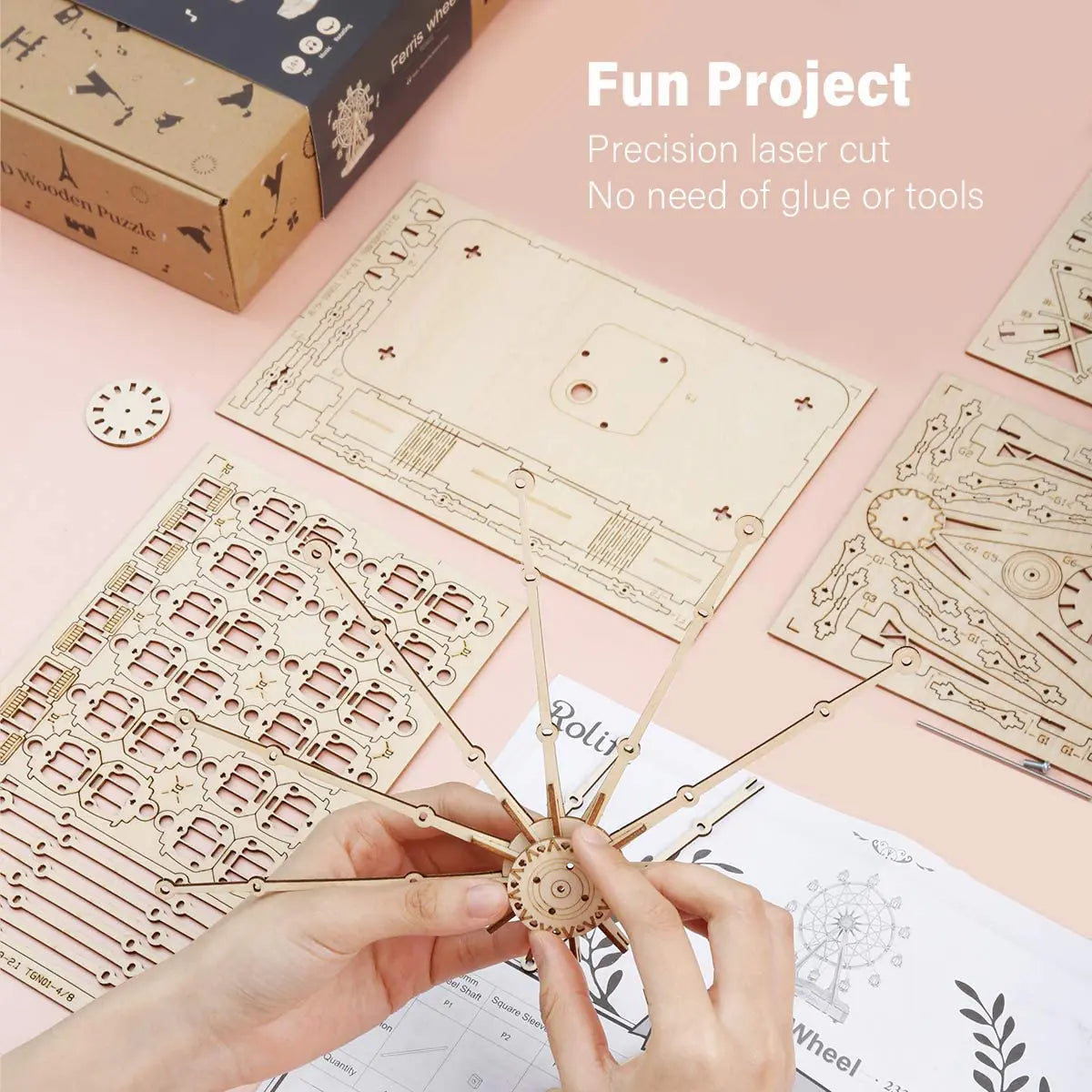 Compact wooden music box model kit