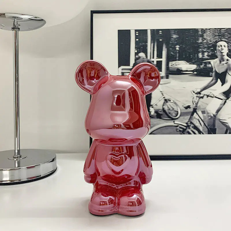 Red ceramic bear ornament with electroplated finish