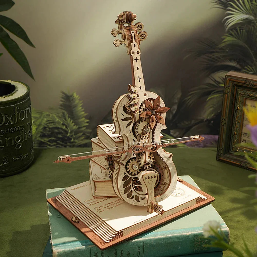 Mechanical wooden cello puzzle for display