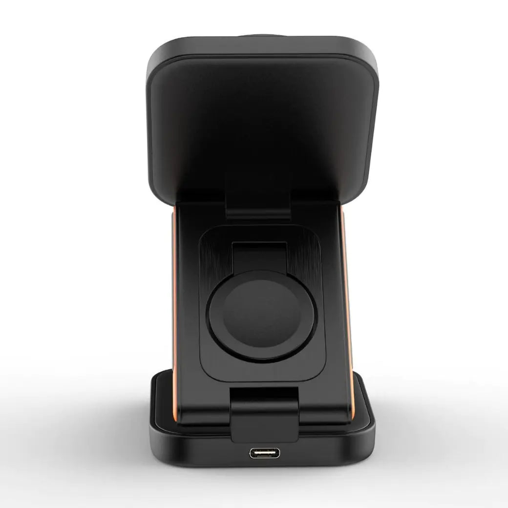 Black and orange wireless charging dock for multiple devices