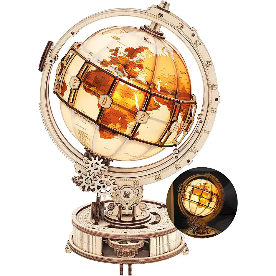 Wooden globe puzzle with rotating gears