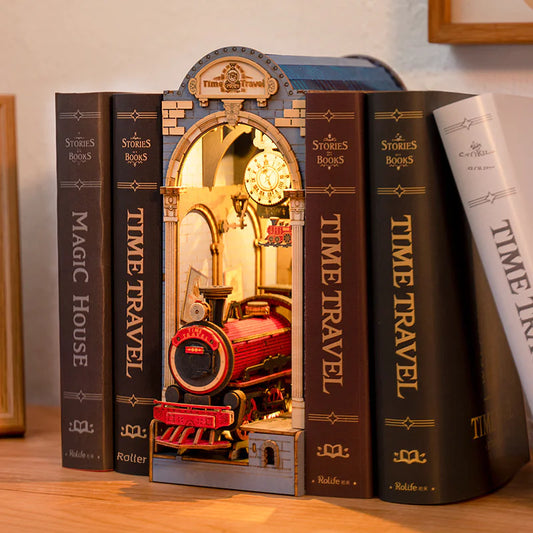Time Tram DIY book nook with steampunk train theme