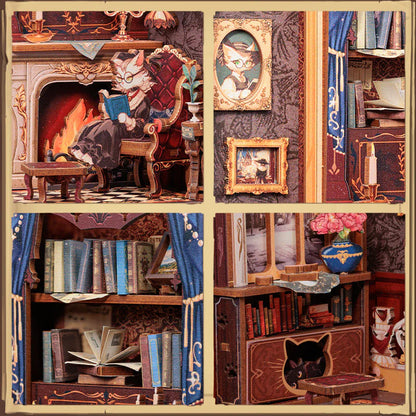 Craft book nook kit with wooden furniture and cat figures