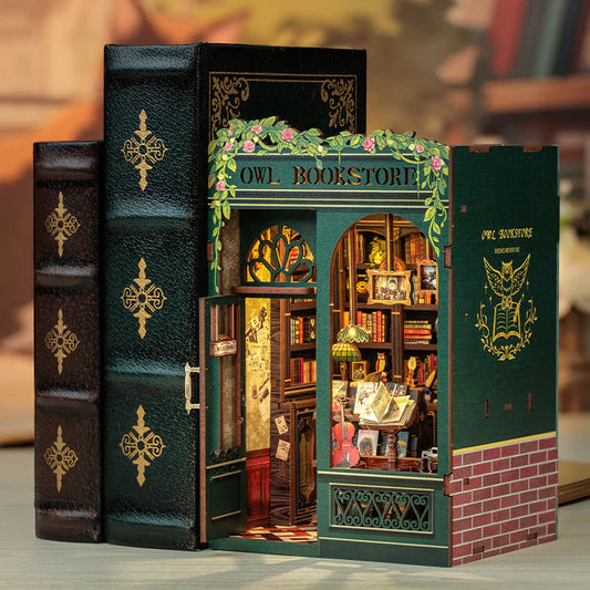 Wooden book nook kit with owl-themed miniature library