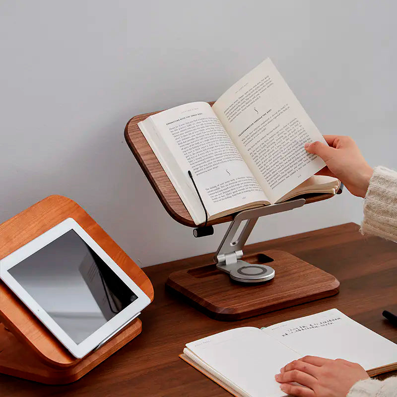 Reading book supported by adjustable rotating walnut reading rack