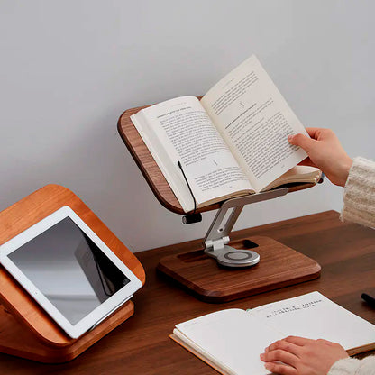 Reading book supported by adjustable rotating walnut reading rack