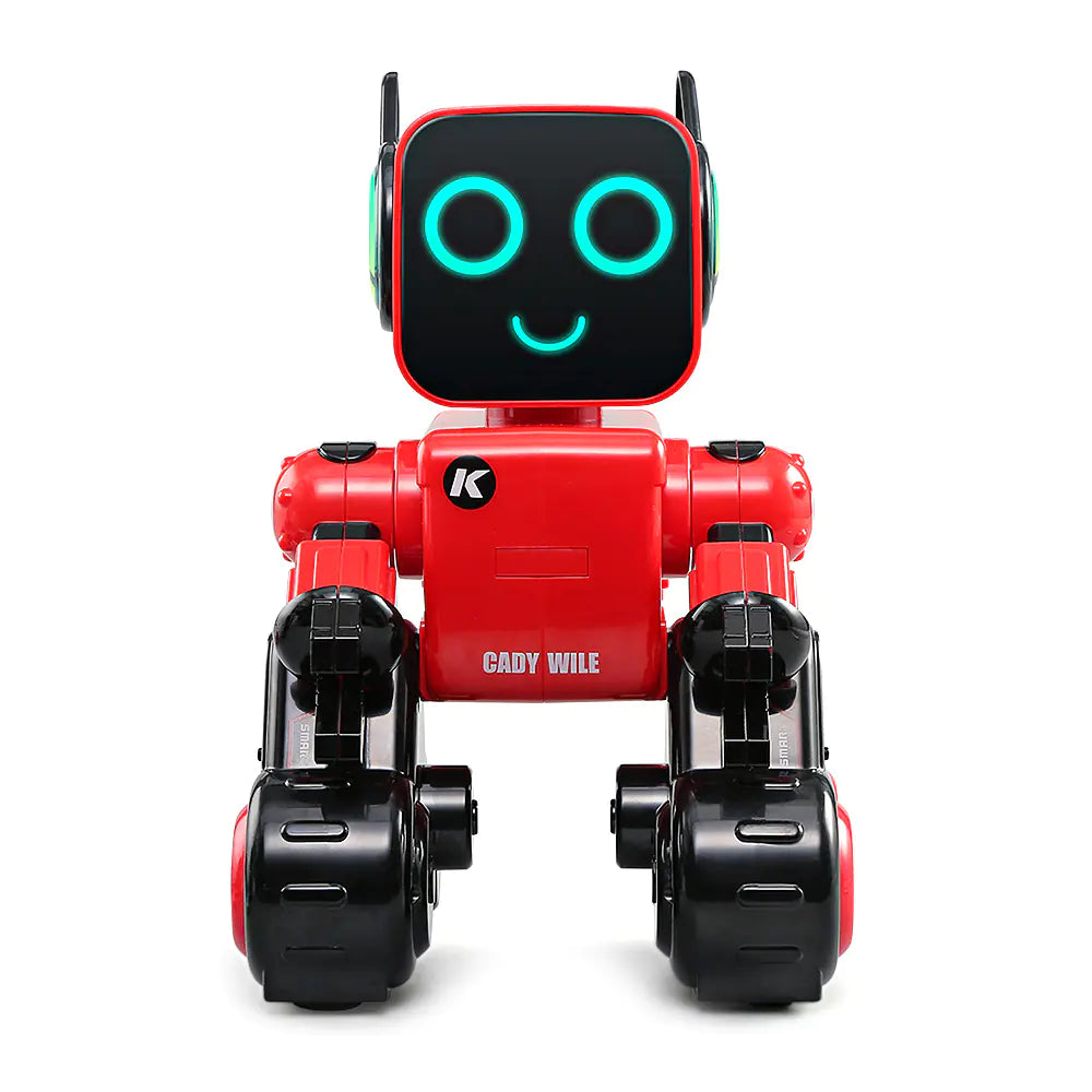 Front view of red CleverBot dancing robot toy with LED face and wheels