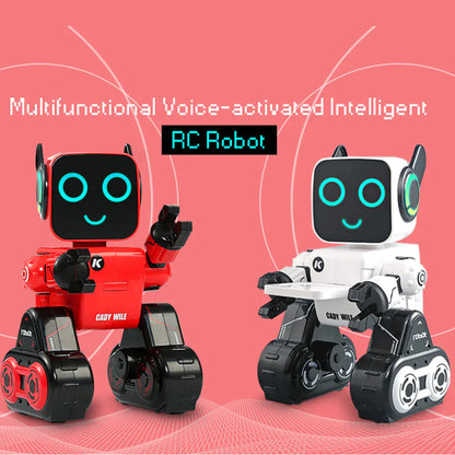 Red and white CleverBot robots with voice-activated features on pink background