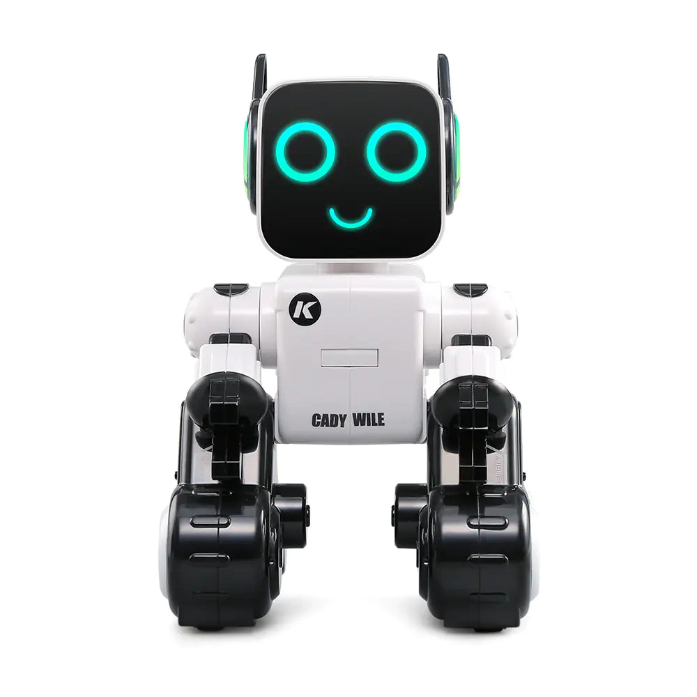 Back view of white CleverBot smart robot toy with sturdy wheels and LED screen