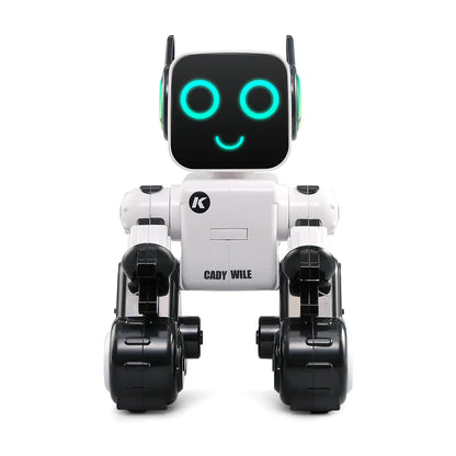 Back view of white CleverBot smart robot toy with sturdy wheels and LED screen