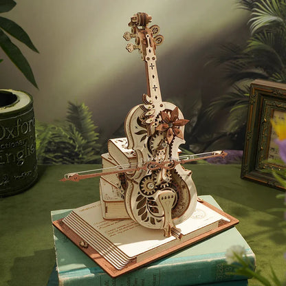 Mechanical wooden cello puzzle for display