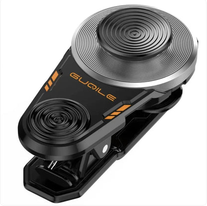 Mobile gaming joystick attachment clipped onto smartphone for touchscreen control