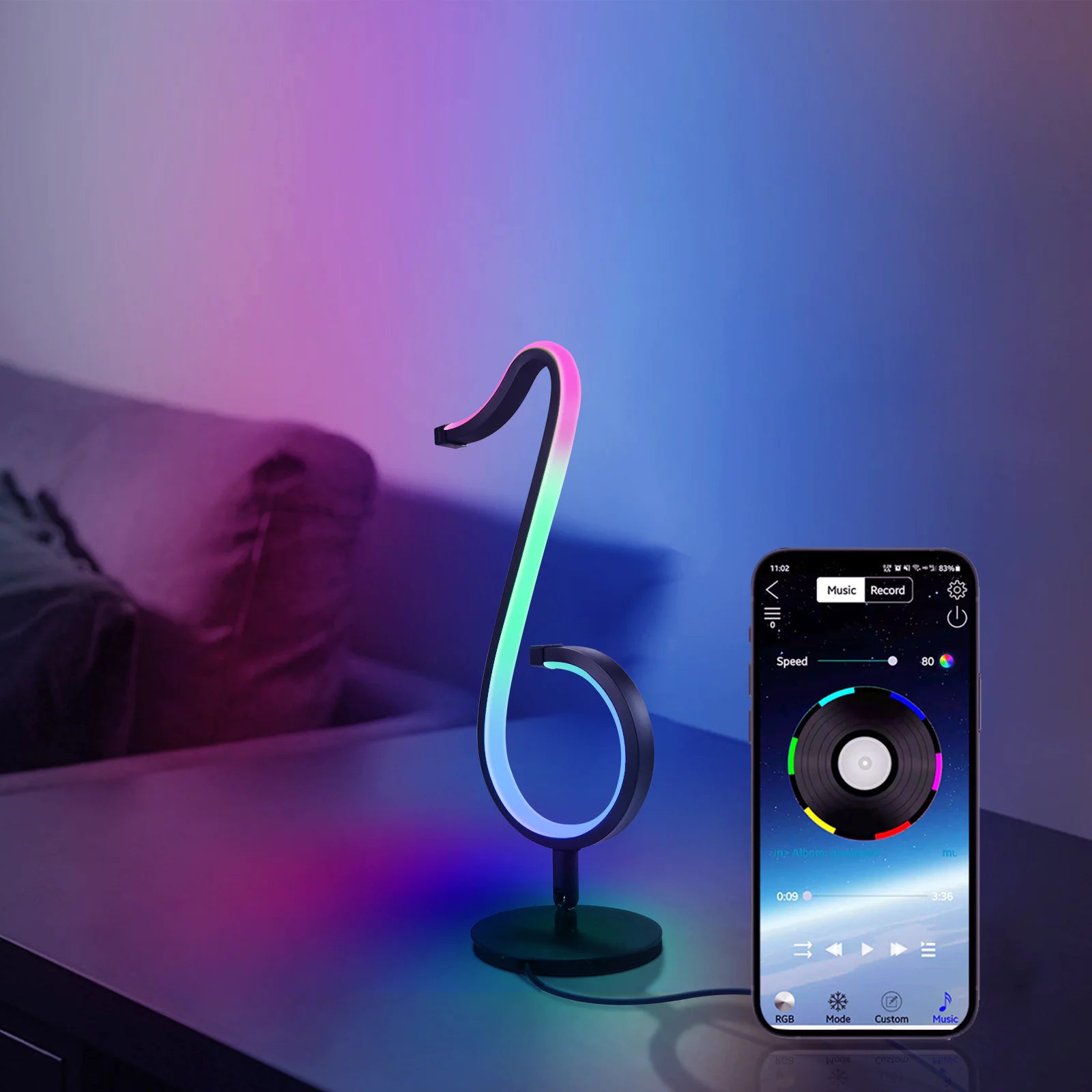 Music note-shaped lamp with RGB lighting and smartphone app control on a bedside table.