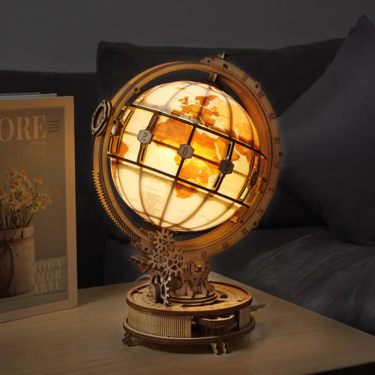 Rotating wooden globe puzzle lamp