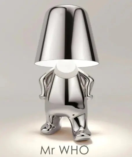 Silver thinker lamp in standing pose with hands on hips
