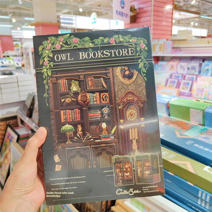 Miniature wooden bookstore kit with cosy lighting