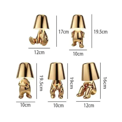 Size chart showing dimensions of gold thinker statue lamps in various poses